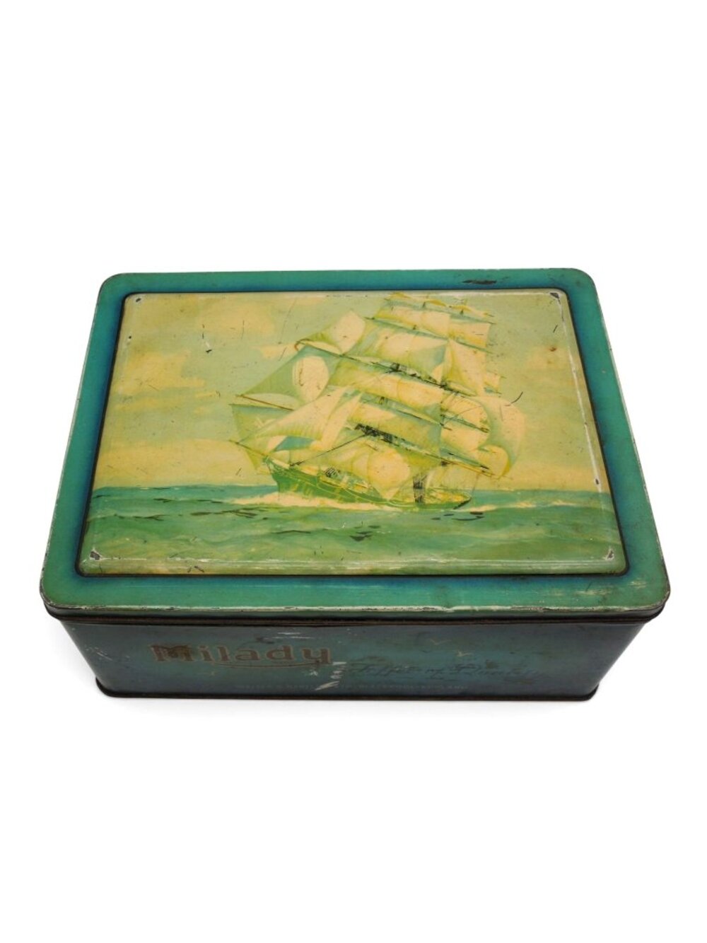 Vintage Milady Toffee Tin Nautical Ship Hinged Metal Box England Decor